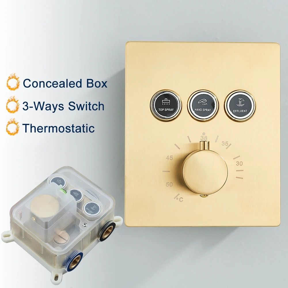 Luxury Gold Thermostatic LED Shower Set with Rainfall & Waterfall Ceiling Mount - Image 4