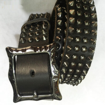 Unisex Day-Clasp Pointed Rivet Belt Made From Full-Grain Cowhide Leather